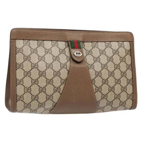 GUCCI GG Supreme Web Sherry Line Clutch Bag PVC Beige Gold 89 01 033 Auth BA5113 - Picture 1 of 15